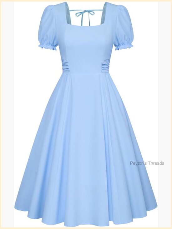 Dresses & Skirts - Vintage Square Neck Midi Dress with Puff Sleeves Ruched Waist Smocked Back